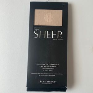 A Pea In The Pod Sheer Support hose with graduates leg compression & tummy panel